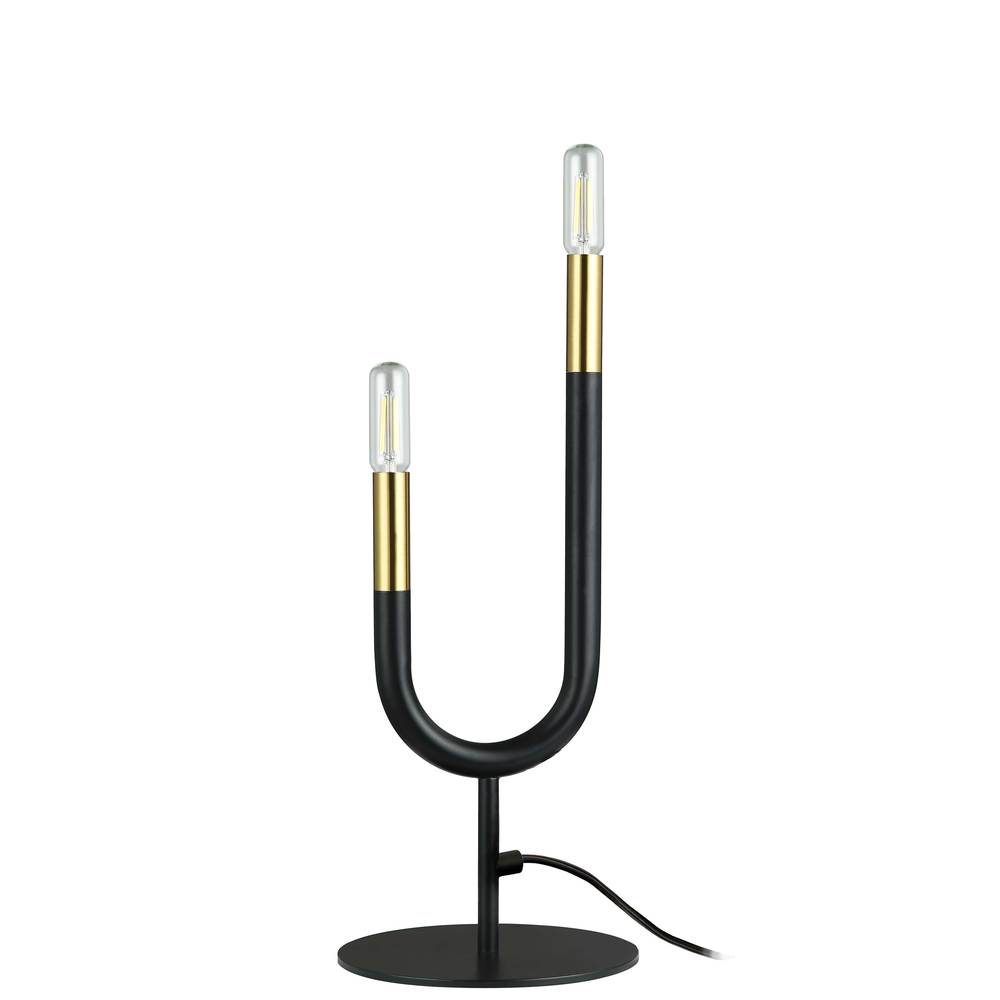 2 Light Incandescent Table Lamp, Matte Black & Aged Brass