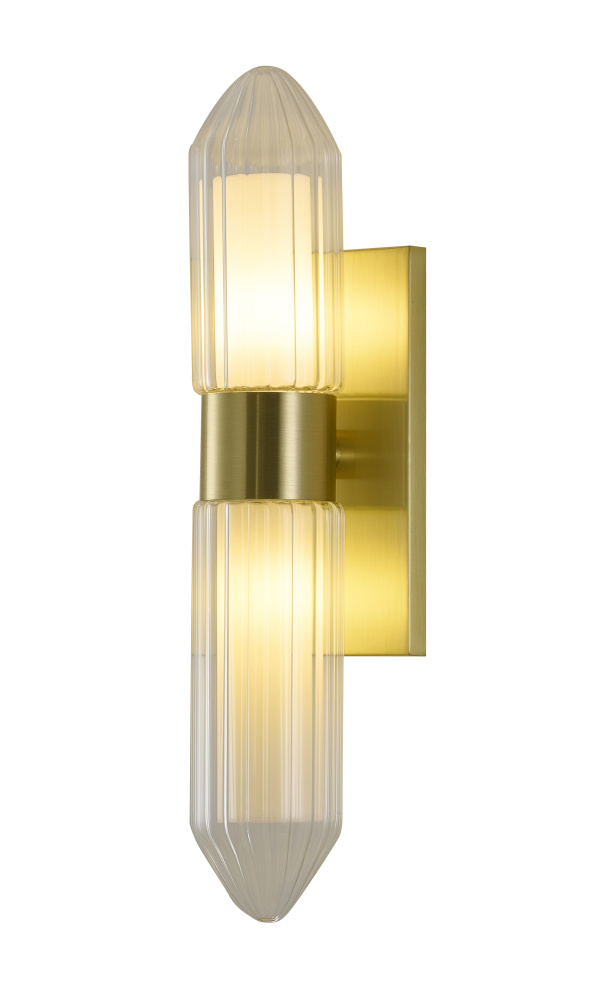 2-Light Satin Brass Wall Sconce With Clear Glass And White Acrylic Shades