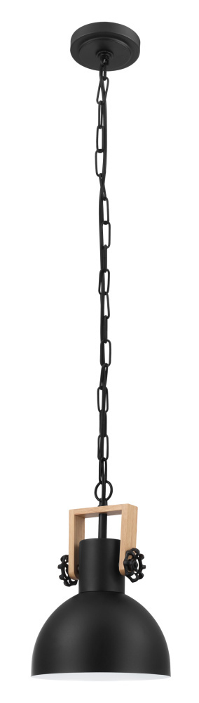 1 LT Mini Pendant w/ Black Finish & Black w/ White Interior Metal Shade w/ Wood Accent
