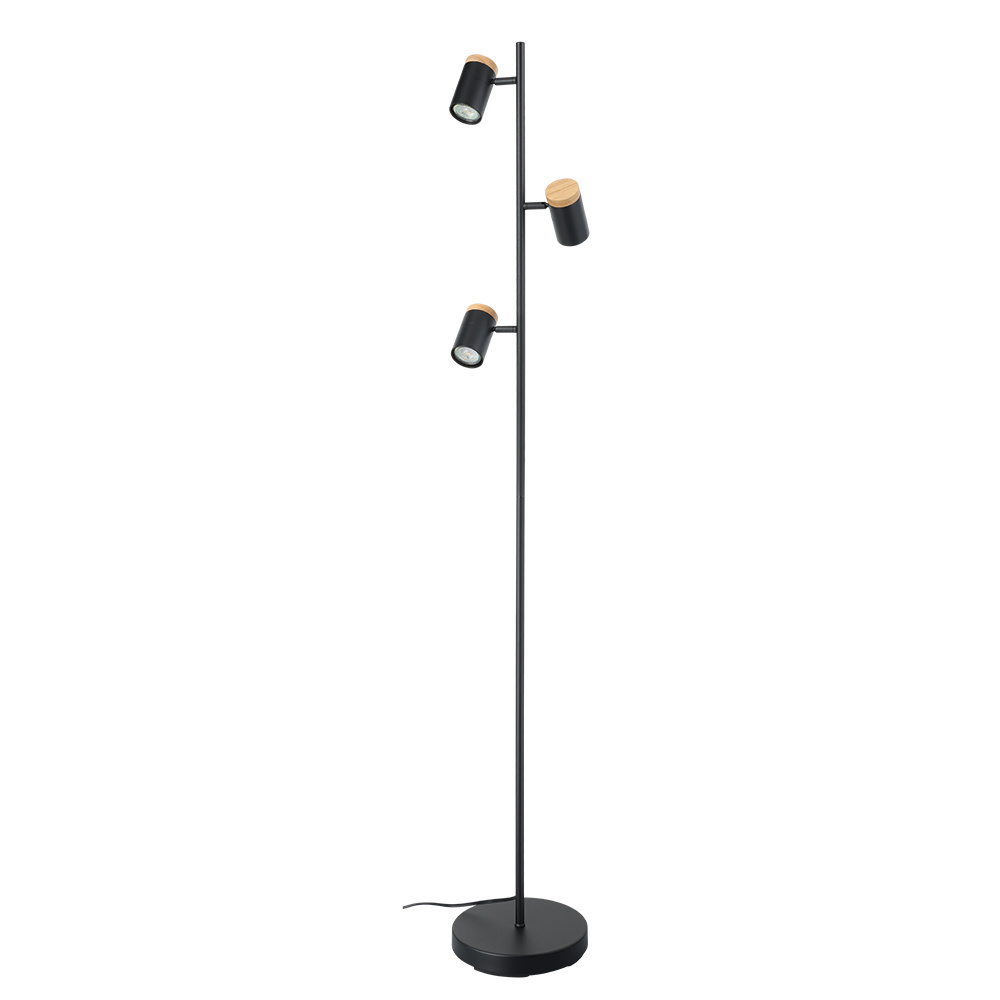 3 LT Floor Lamp w/ Black Finish & Black w/ Wood Accent Adjustable Lamp Heads