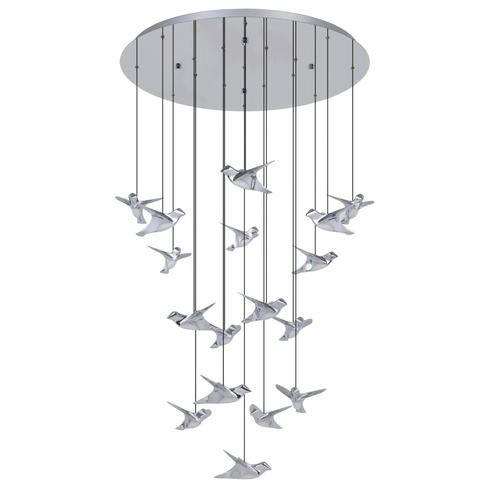 17 LT LED Cascaded Pendant w/ Chrome Finish & Chrome Bird Shaped Shades w/ Acrylic Diffusers