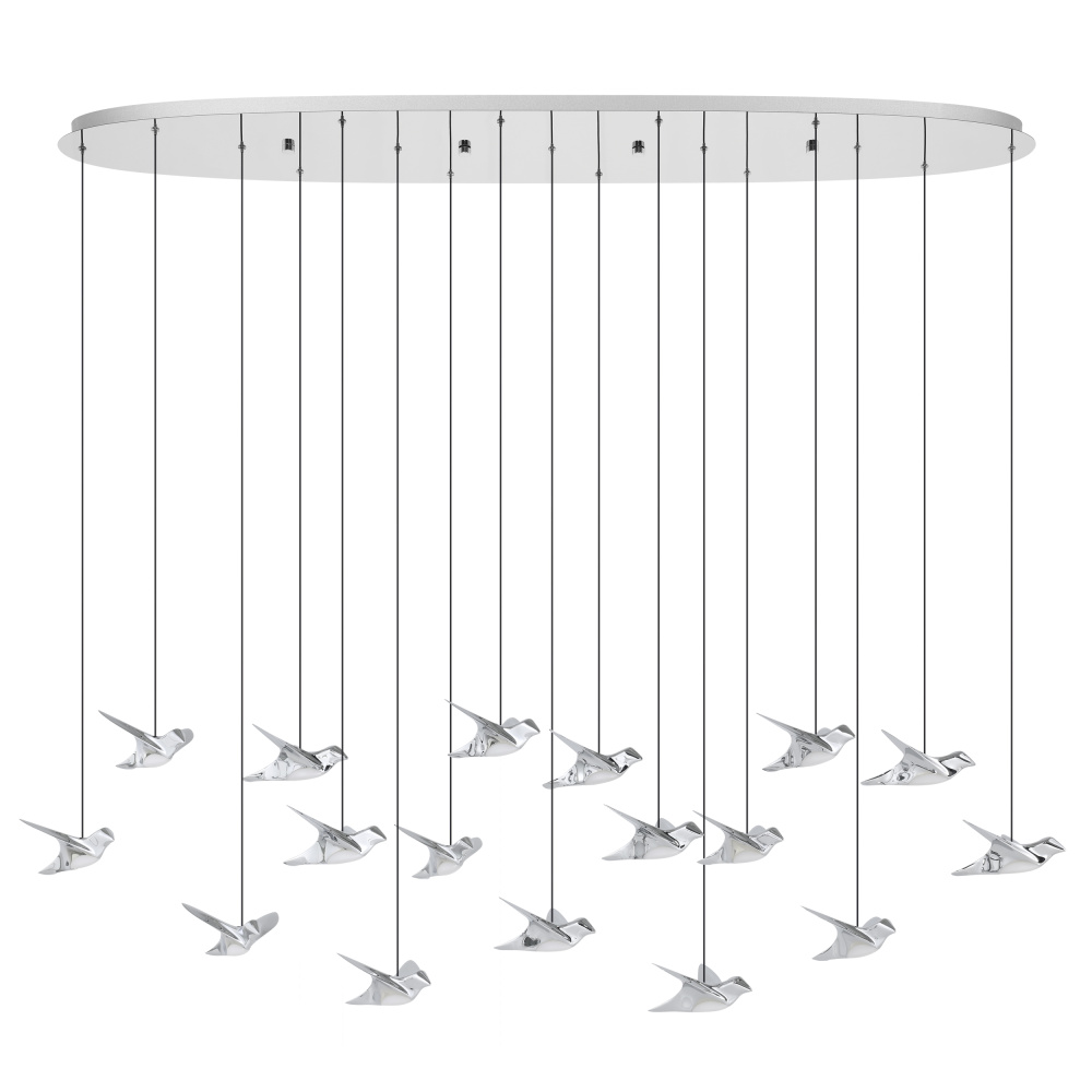 17 LT LED Linear Pendant w/ Chrome Finish & Chrome Bird Shaped Shades w/ Acrylic Diffusers