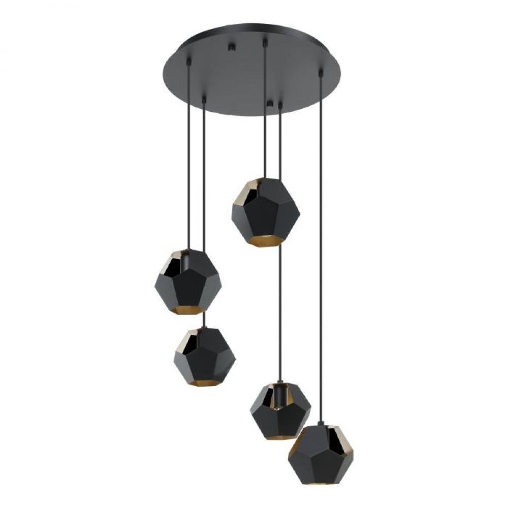 5 LT Cascade Pendant w/ Black Finish & Black w/Gold Interior Shades