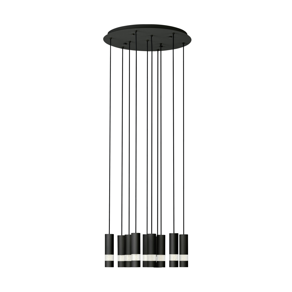 10 LT LED Circular Pendant w/ Black Finish & Black Cylinder Shades w/ Clear Seeded Diffusers